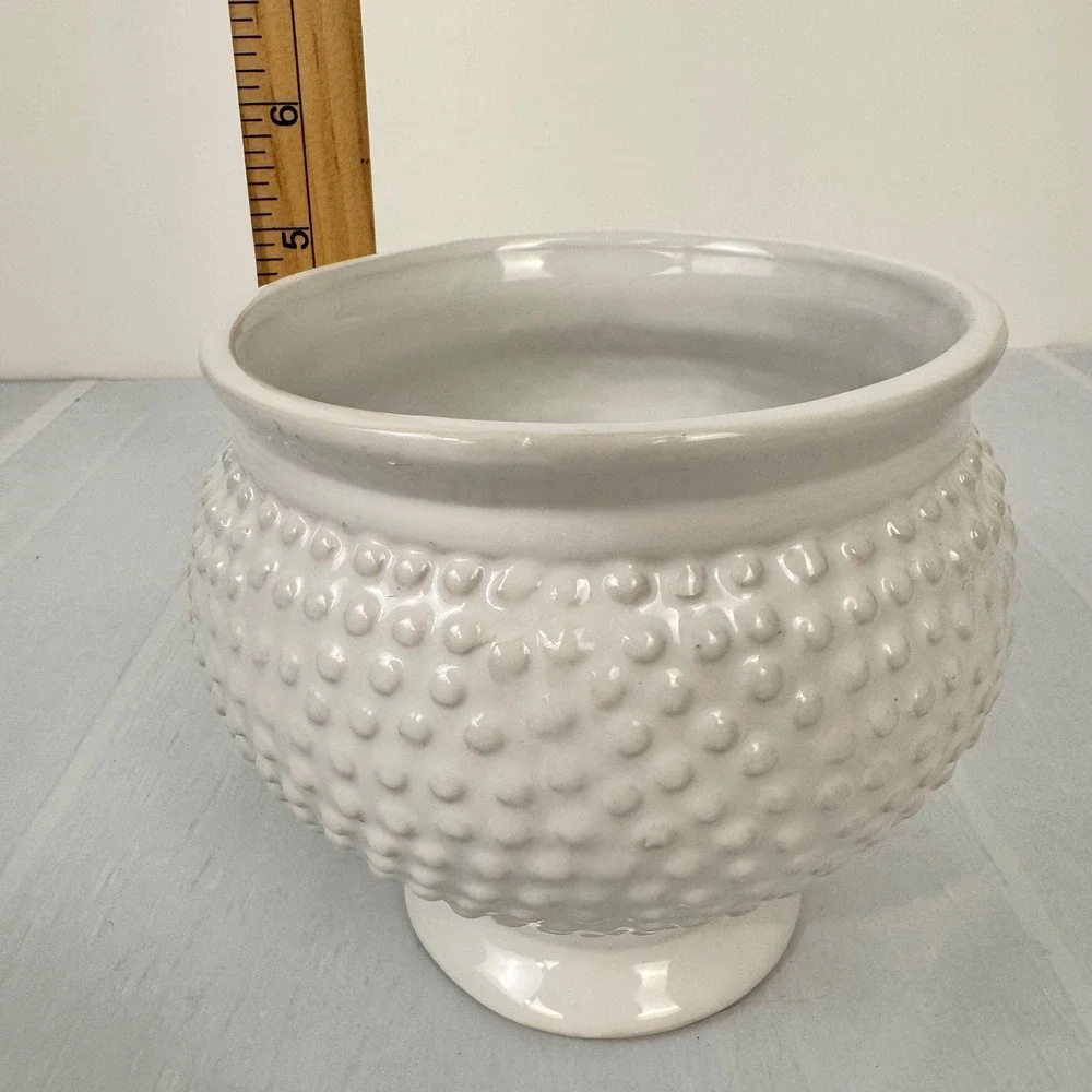 White Ceramic Hobnail Planter Pot Pedestal Base Textured Boho Decor